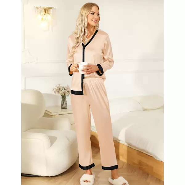 SWOMOG Women Silk Satin Pajama Set Long Sleeve Button Down Sleepwear 2Pcs Pjs Soft Loungewear with Pockets SXXLChampagne