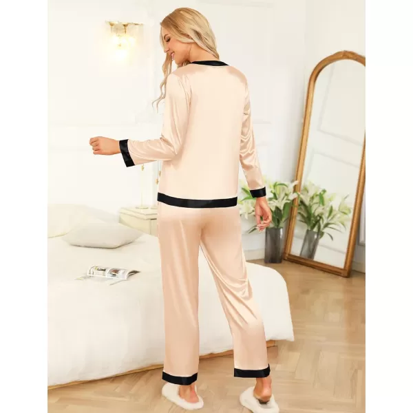 SWOMOG Women Silk Satin Pajama Set Long Sleeve Button Down Sleepwear 2Pcs Pjs Soft Loungewear with Pockets SXXLChampagne