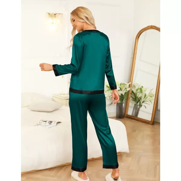 SWOMOG Women Silk Satin Pajama Set Long Sleeve Button Down Sleepwear 2Pcs Pjs Soft Loungewear with Pockets SXXLDeep Green