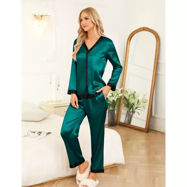 SWOMOG Women Silk Satin Pajama Set Long Sleeve Button Down Sleepwear 2Pcs Pjs Soft Loungewear with Pockets SXXLDeep Green