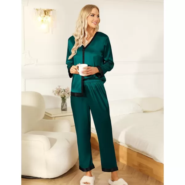 SWOMOG Women Silk Satin Pajama Set Long Sleeve Button Down Sleepwear 2Pcs Pjs Soft Loungewear with Pockets SXXLDeep Green