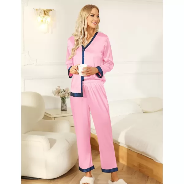 SWOMOG Women Silk Satin Pajama Set Long Sleeve Button Down Sleepwear 2Pcs Pjs Soft Loungewear with Pockets SXXLPink