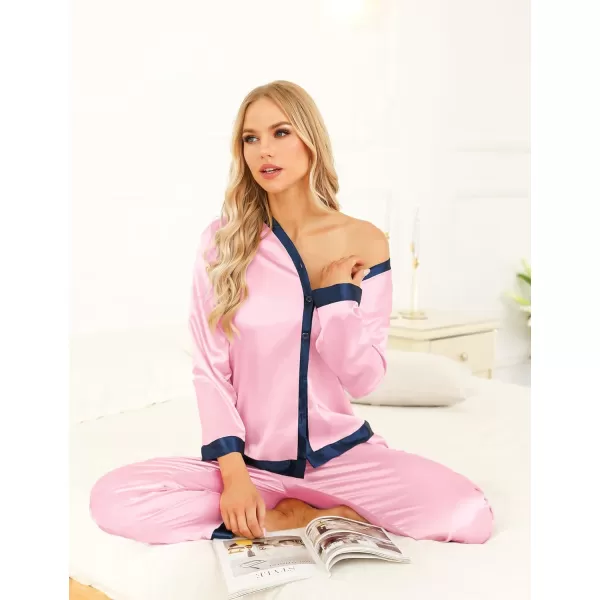 SWOMOG Women Silk Satin Pajama Set Long Sleeve Button Down Sleepwear 2Pcs Pjs Soft Loungewear with Pockets SXXLPink