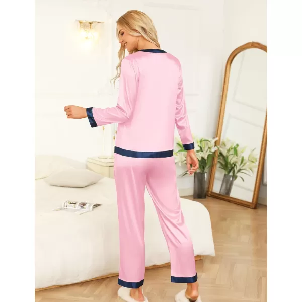 SWOMOG Women Silk Satin Pajama Set Long Sleeve Button Down Sleepwear 2Pcs Pjs Soft Loungewear with Pockets SXXLPink