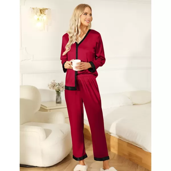 SWOMOG Women Silk Satin Pajama Set Long Sleeve Button Down Sleepwear 2Pcs Pjs Soft Loungewear with Pockets SXXLWine Red