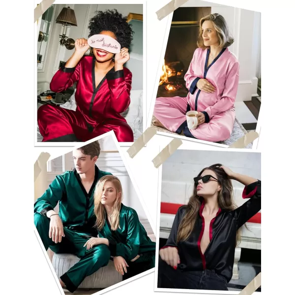 SWOMOG Women Silk Satin Pajama Set Long Sleeve Button Down Sleepwear 2Pcs Pjs Soft Loungewear with Pockets SXXLWine Red