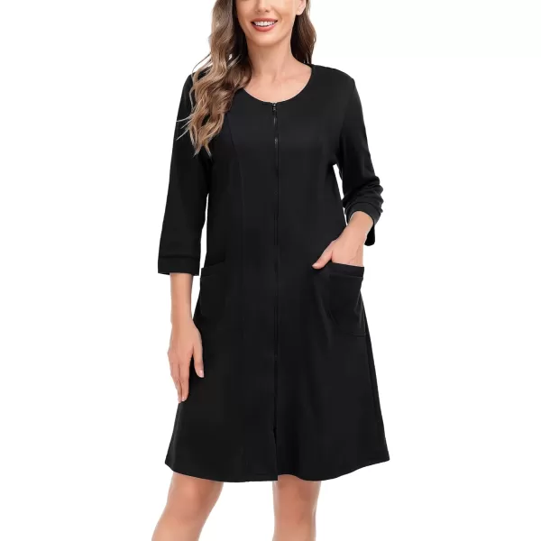 SWOMOG Women Zip Up Robe 34 Sleeve Housecoat Soft Cotton Zipper Front Nightgown Loungewear with PocketsBlack