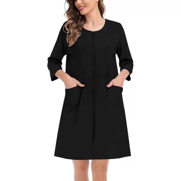 SWOMOG Women Zip Up Robe 34 Sleeve Housecoat Soft Cotton Zipper Front Nightgown Loungewear with PocketsBlack