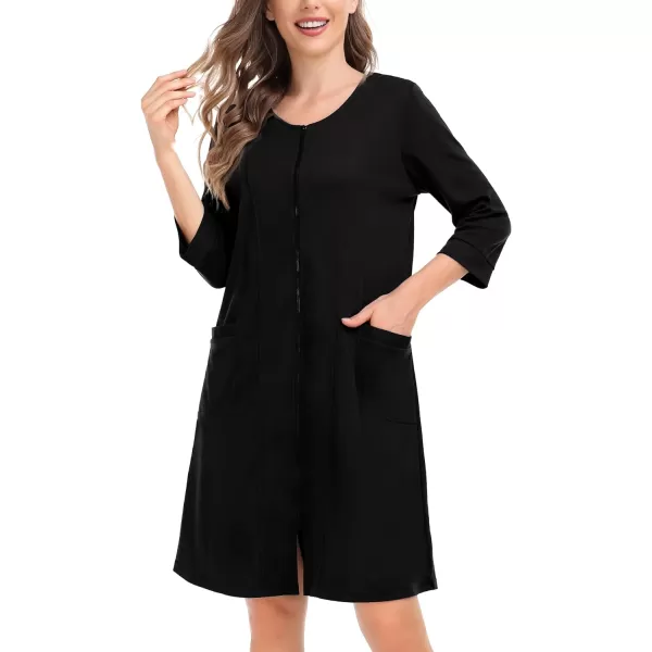 SWOMOG Women Zip Up Robe 34 Sleeve Housecoat Soft Cotton Zipper Front Nightgown Loungewear with PocketsBlack