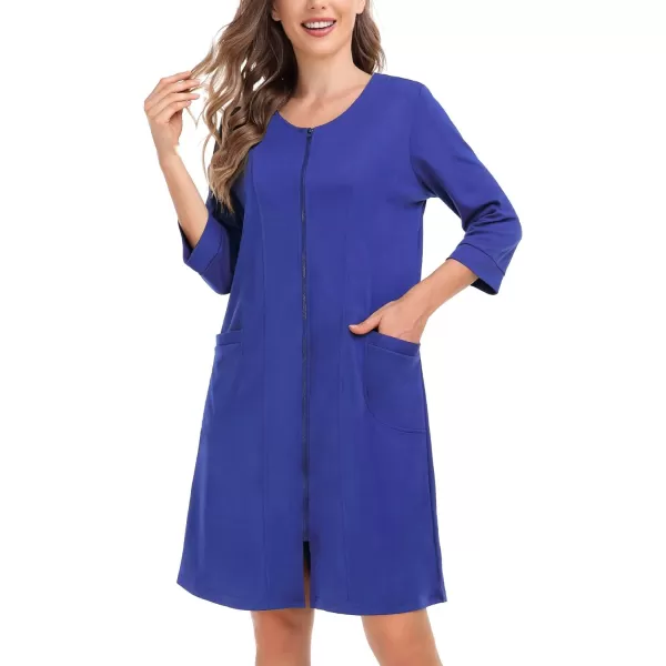 SWOMOG Women Zip Up Robe 34 Sleeve Housecoat Soft Cotton Zipper Front Nightgown Loungewear with PocketsBright Blue