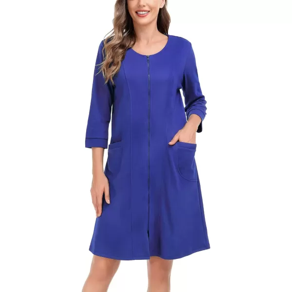 SWOMOG Women Zip Up Robe 34 Sleeve Housecoat Soft Cotton Zipper Front Nightgown Loungewear with PocketsBright Blue