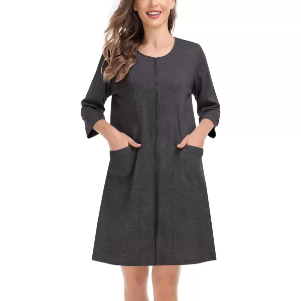 SWOMOG Women Zip Up Robe 34 Sleeve Housecoat Soft Cotton Zipper Front Nightgown Loungewear with PocketsDark Flecking Gray