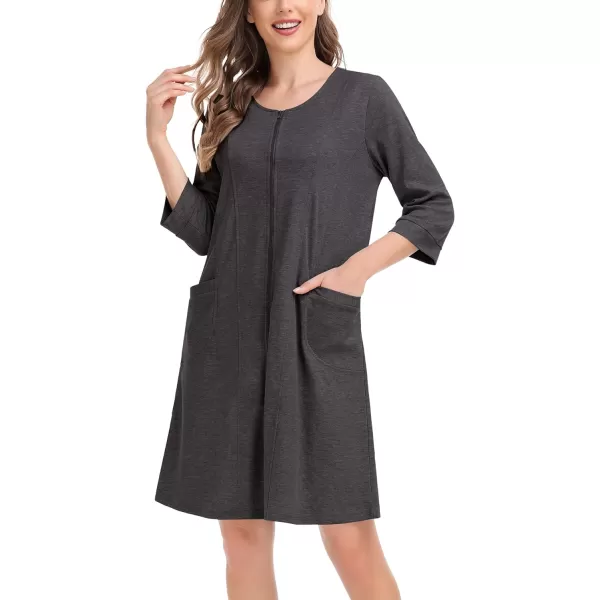 SWOMOG Women Zip Up Robe 34 Sleeve Housecoat Soft Cotton Zipper Front Nightgown Loungewear with PocketsDark Flecking Gray