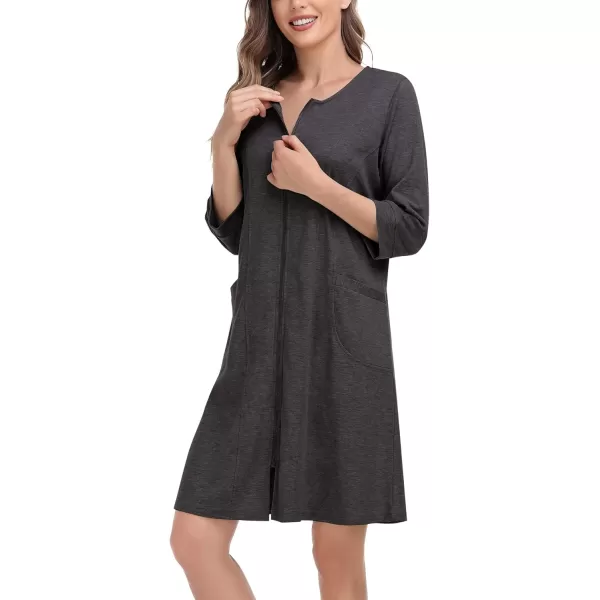 SWOMOG Women Zip Up Robe 34 Sleeve Housecoat Soft Cotton Zipper Front Nightgown Loungewear with PocketsDark Flecking Gray