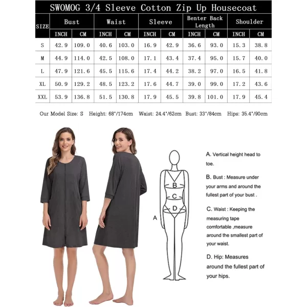 SWOMOG Women Zip Up Robe 34 Sleeve Housecoat Soft Cotton Zipper Front Nightgown Loungewear with PocketsDark Flecking Gray