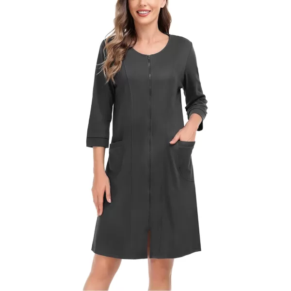 SWOMOG Women Zip Up Robe 34 Sleeve Housecoat Soft Cotton Zipper Front Nightgown Loungewear with PocketsDeep Grey