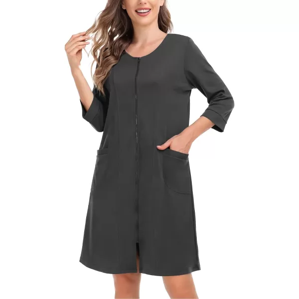 SWOMOG Women Zip Up Robe 34 Sleeve Housecoat Soft Cotton Zipper Front Nightgown Loungewear with PocketsDeep Grey