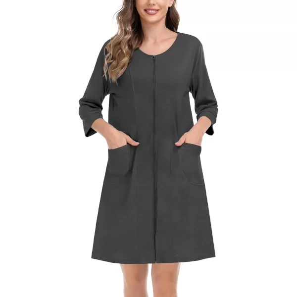 SWOMOG Women Zip Up Robe 34 Sleeve Housecoat Soft Cotton Zipper Front Nightgown Loungewear with PocketsDeep Grey