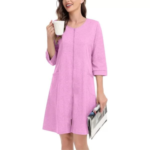 SWOMOG Women Zip Up Robe 34 Sleeve Housecoat Soft Cotton Zipper Front Nightgown Loungewear with PocketsFlesh Pink