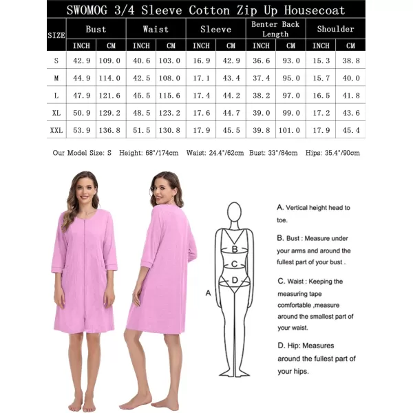 SWOMOG Women Zip Up Robe 34 Sleeve Housecoat Soft Cotton Zipper Front Nightgown Loungewear with PocketsFlesh Pink