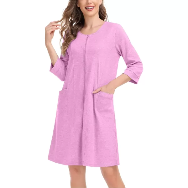 SWOMOG Women Zip Up Robe 34 Sleeve Housecoat Soft Cotton Zipper Front Nightgown Loungewear with PocketsFlesh Pink