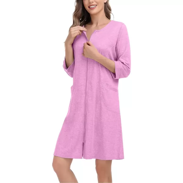 SWOMOG Women Zip Up Robe 34 Sleeve Housecoat Soft Cotton Zipper Front Nightgown Loungewear with PocketsFlesh Pink