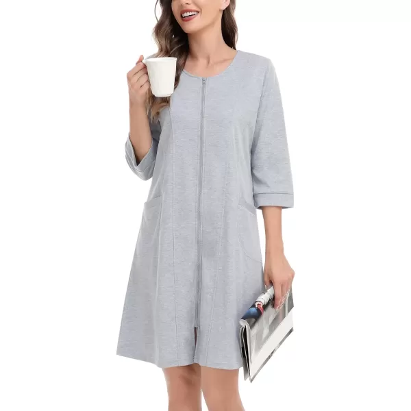 SWOMOG Women Zip Up Robe 34 Sleeve Housecoat Soft Cotton Zipper Front Nightgown Loungewear with PocketsGrey