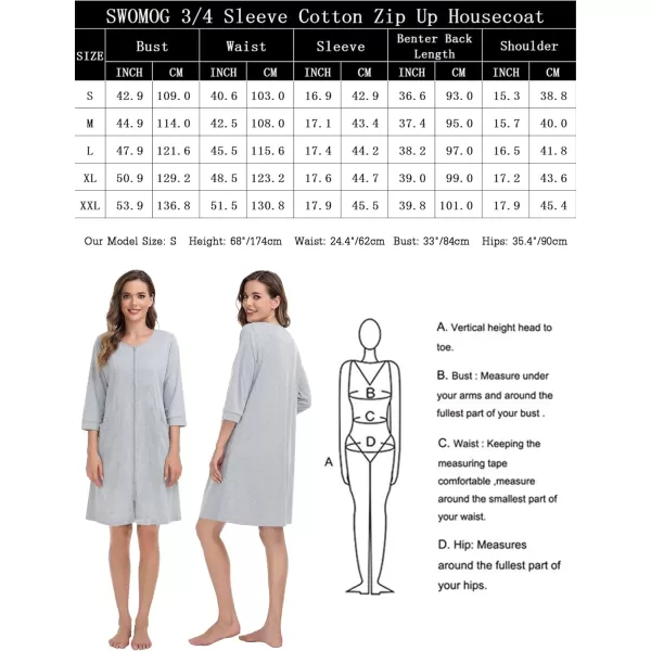 SWOMOG Women Zip Up Robe 34 Sleeve Housecoat Soft Cotton Zipper Front Nightgown Loungewear with PocketsGrey