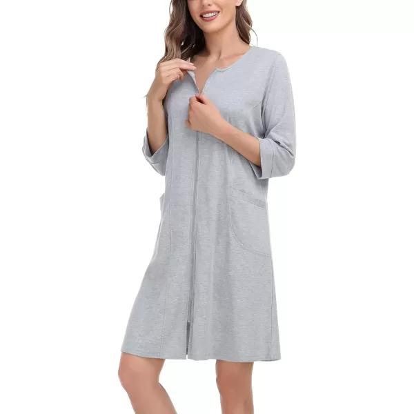 SWOMOG Women Zip Up Robe 34 Sleeve Housecoat Soft Cotton Zipper Front Nightgown Loungewear with PocketsGrey