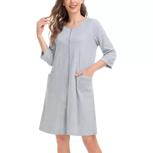 SWOMOG Women Zip Up Robe 34 Sleeve Housecoat Soft Cotton Zipper Front Nightgown Loungewear with PocketsGrey