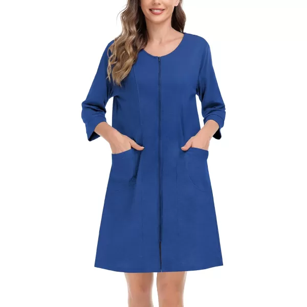 SWOMOG Women Zip Up Robe 34 Sleeve Housecoat Soft Cotton Zipper Front Nightgown Loungewear with PocketsNavy