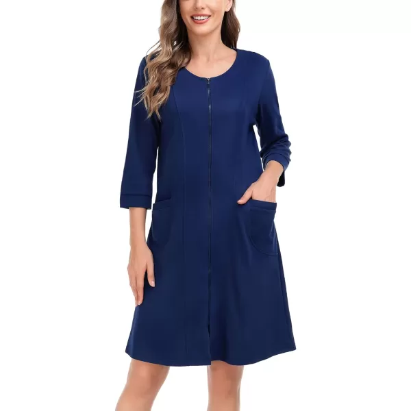 SWOMOG Women Zip Up Robe 34 Sleeve Housecoat Soft Cotton Zipper Front Nightgown Loungewear with PocketsNavy Blue