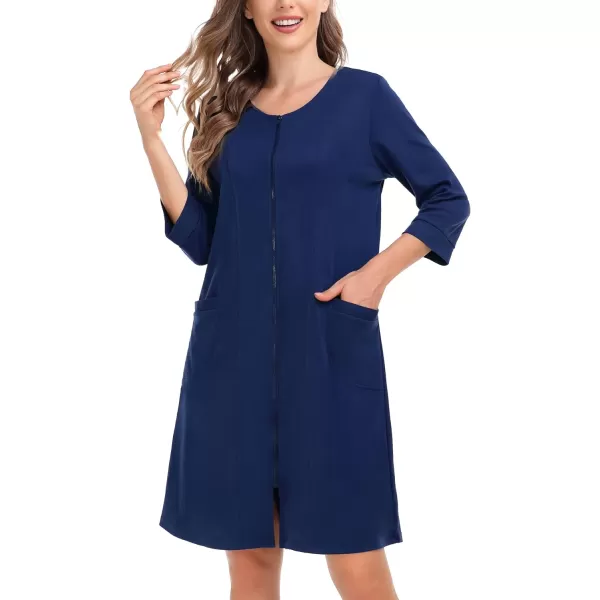 SWOMOG Women Zip Up Robe 34 Sleeve Housecoat Soft Cotton Zipper Front Nightgown Loungewear with PocketsNavy Blue