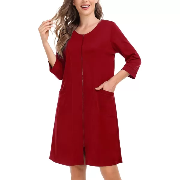 SWOMOG Women Zip Up Robe 34 Sleeve Housecoat Soft Cotton Zipper Front Nightgown Loungewear with PocketsRed