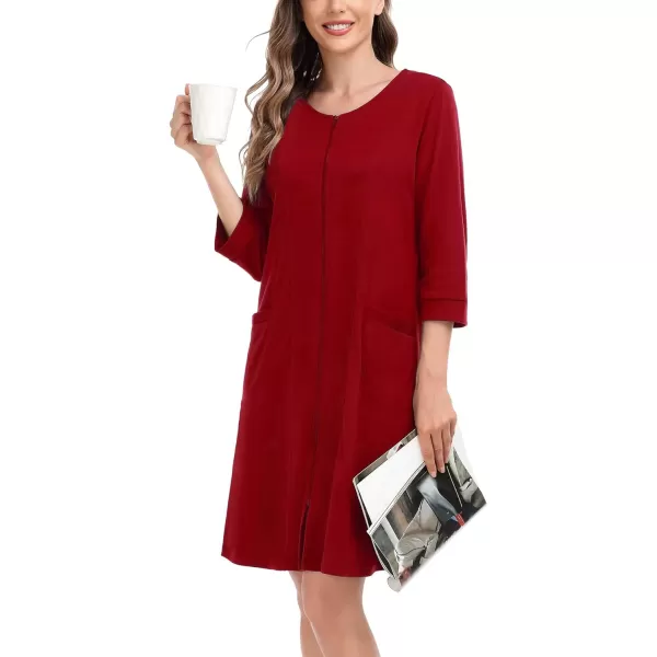 SWOMOG Women Zip Up Robe 34 Sleeve Housecoat Soft Cotton Zipper Front Nightgown Loungewear with PocketsRed