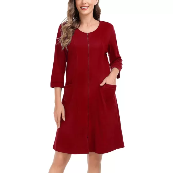 SWOMOG Women Zip Up Robe 34 Sleeve Housecoat Soft Cotton Zipper Front Nightgown Loungewear with PocketsRed