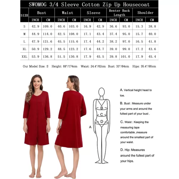 SWOMOG Women Zip Up Robe 34 Sleeve Housecoat Soft Cotton Zipper Front Nightgown Loungewear with PocketsRed