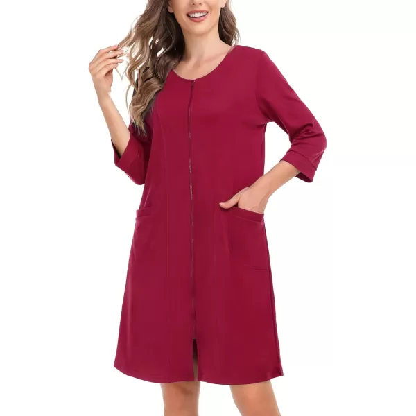 SWOMOG Women Zip Up Robe 34 Sleeve Housecoat Soft Cotton Zipper Front Nightgown Loungewear with PocketsWine Red