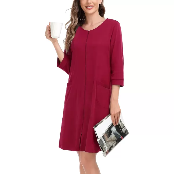 SWOMOG Women Zip Up Robe 34 Sleeve Housecoat Soft Cotton Zipper Front Nightgown Loungewear with PocketsWine Red