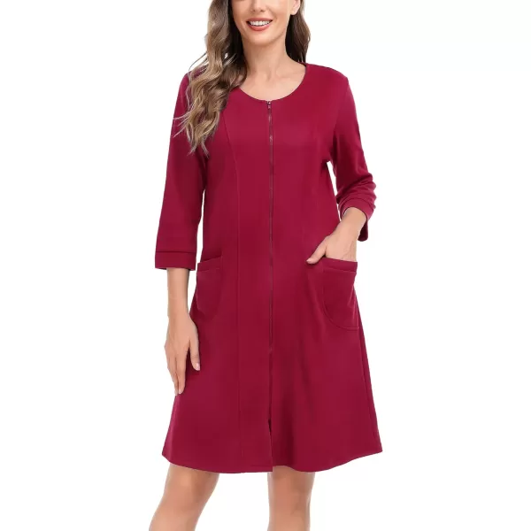 SWOMOG Women Zip Up Robe 34 Sleeve Housecoat Soft Cotton Zipper Front Nightgown Loungewear with PocketsWine Red