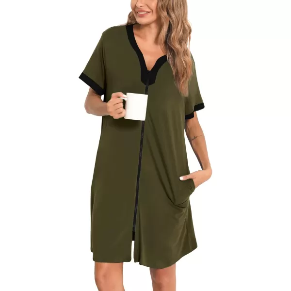 SWOMOG Women Zipper Front House Coat Short Sleeves Robe Zip up Bathrobes Short Nightgown with PocketsArmy Green