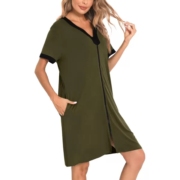 SWOMOG Women Zipper Front House Coat Short Sleeves Robe Zip up Bathrobes Short Nightgown with PocketsArmy Green