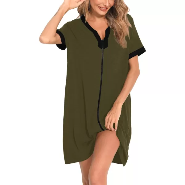 SWOMOG Women Zipper Front House Coat Short Sleeves Robe Zip up Bathrobes Short Nightgown with PocketsArmy Green