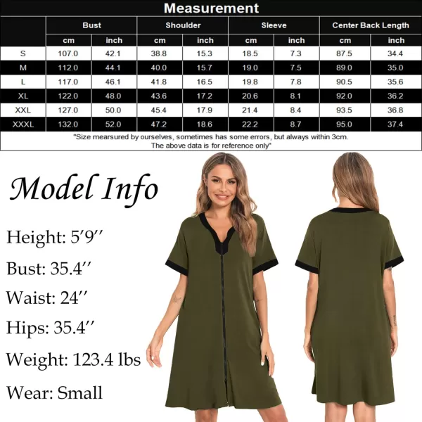 SWOMOG Women Zipper Front House Coat Short Sleeves Robe Zip up Bathrobes Short Nightgown with PocketsArmy Green