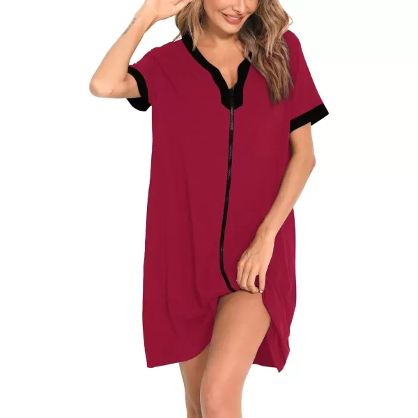 SWOMOG Women Zipper Front House Coat Short Sleeves Robe Zip up Bathrobes Short Nightgown with PocketsAwine Red