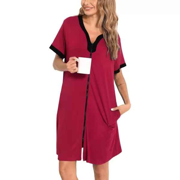 SWOMOG Women Zipper Front House Coat Short Sleeves Robe Zip up Bathrobes Short Nightgown with PocketsAwine Red