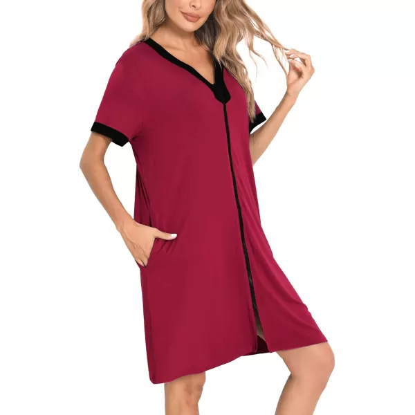 SWOMOG Women Zipper Front House Coat Short Sleeves Robe Zip up Bathrobes Short Nightgown with PocketsAwine Red