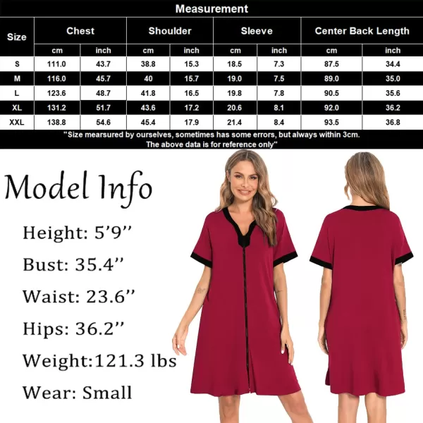 SWOMOG Women Zipper Front House Coat Short Sleeves Robe Zip up Bathrobes Short Nightgown with PocketsAwine Red