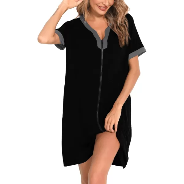 SWOMOG Women Zipper Front House Coat Short Sleeves Robe Zip up Bathrobes Short Nightgown with PocketsBlack