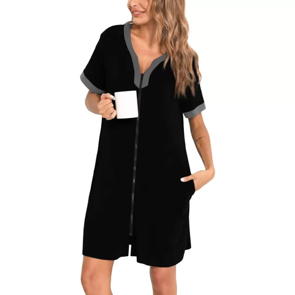 SWOMOG Women Zipper Front House Coat Short Sleeves Robe Zip up Bathrobes Short Nightgown with PocketsBlack